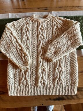 Hand-Knit for Quill’s Woolen Market, Ireland, Cream Cable Crewneck Sweater.